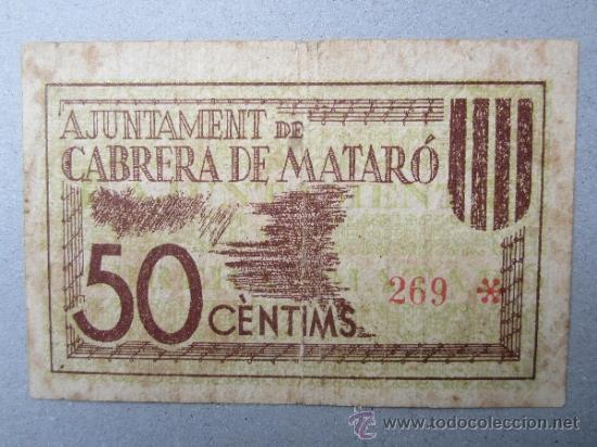 Billetes locales: 50 centims ajuntament de cabrera de mataro. - Foto 1