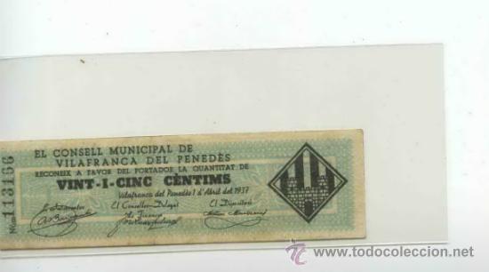 Billetes locales: VILAFRANCA DEL PENED&Egrave;S 0,25 PTA - Foto 1