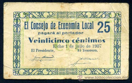 Billetes locales: ELCHE (Alicante) 25 Centimos 1937 MBC - Foto 1