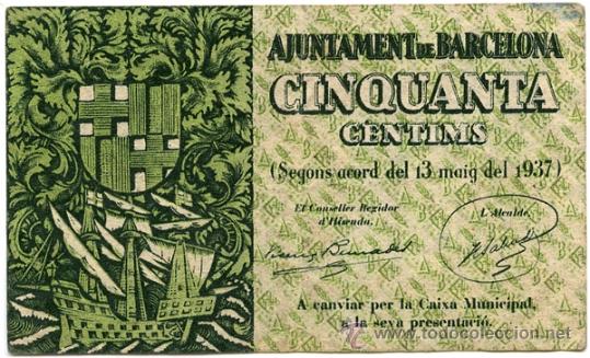 Billetes locales: Ajuntament de Barcelona. 50 centims - Foto 1