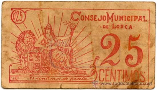 Billetes locales: CONSEJO MUNICIPAL DE LORCA (MURCIA). 25 C&Eacute;NTIMOS - Foto 1