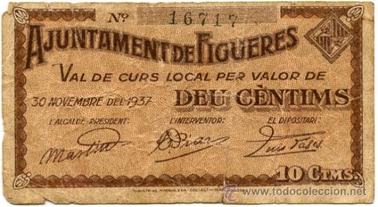 Billetes locales: AJUNTAMENT DE FIGUERES (GERONA). 10 C&Egrave;NTIMS - Foto 2