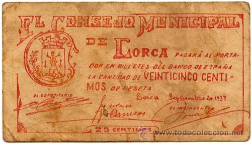 Billetes locales: CONSEJO MUNICIPAL DE LORCA (MURCIA). 25 C&Eacute;NTIMOS - Foto 2
