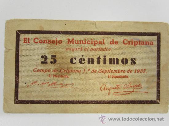 Billetes locales: 25 c&eacute;ntimos de Campo de Criptana (Criptana) escaso - Foto 1
