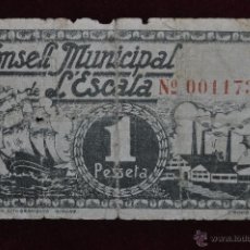 Billetes locales: BILLETE DEL CONSELL MUNICIPAL DE L'ESCALA. 1 PESETA. GUERRA CIVIL. Lote 362250600
