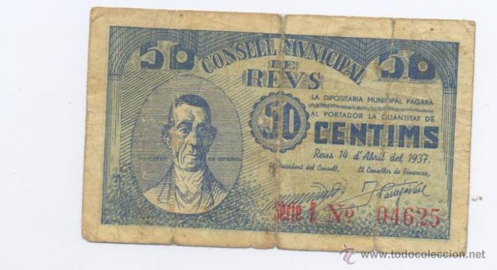Billetes locales: REUS- CONSEJO MUNICIPAL- 50 CENTIMOS- 14-04-1937 - Foto 1 - 42702226