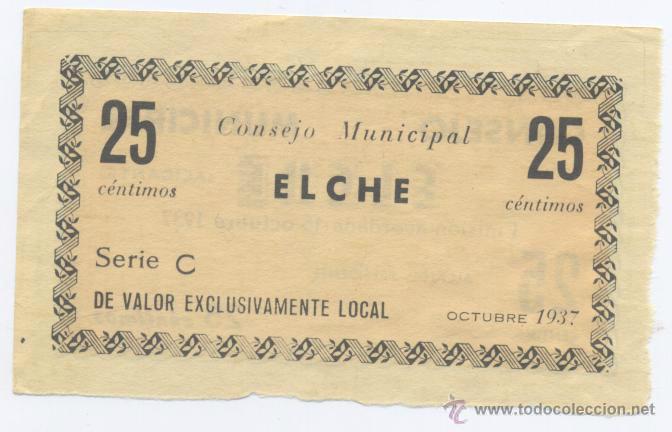 Billetes locales: ELCHE- 25 CENTIMOS-OCTUBRE 1937 - Foto 1