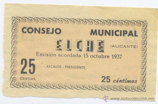 Billetes locales: ELCHE- 25 CENTIMOS-OCTUBRE 1937 - Foto 2