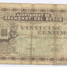 Billetes locales: GRAMENET DEL BESOS- AYUNTAMIENTO- 25 CENTIMOS30-06-1937. Lote 42758366
