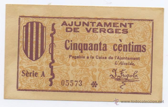 Billetes locales: VERGES- AYUNTAMIENTO- 50 CENTIMOS- - Foto 1