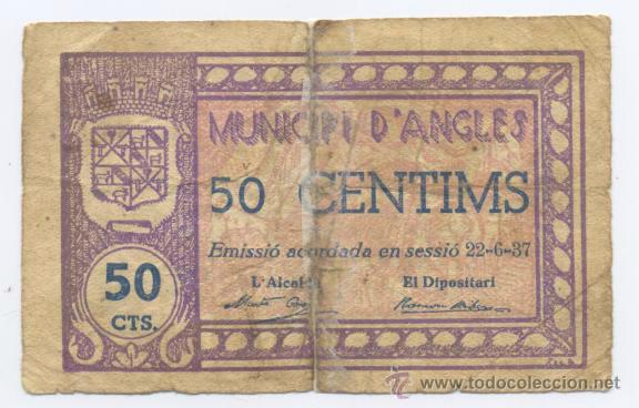 Billetes locales: ANGLES- MUNICIPIO- 50 CENTIMOS- 22-06-1937 - Foto 1
