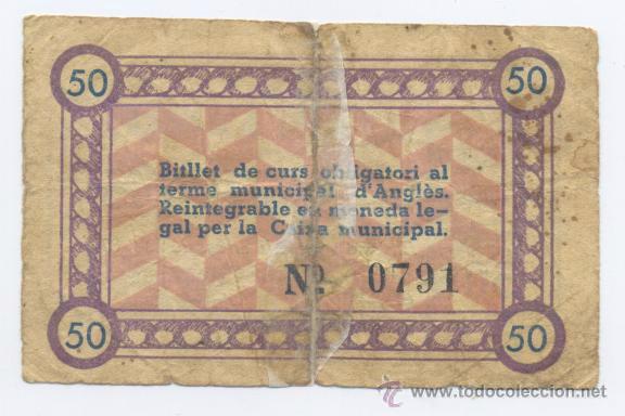 Billetes locales: ANGLES- MUNICIPIO- 50 CENTIMOS- 22-06-1937 - Foto 2