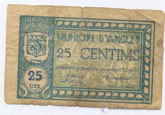 Billetes locales: ANGLES- GERONA- 25 CENTIMOS- 22-06-1937 - Foto 1
