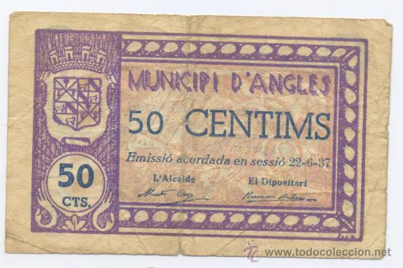 Billetes locales: D&acute;ANGLES- GERONA- 50 CENTIMOS-22-06-1937 - Foto 1