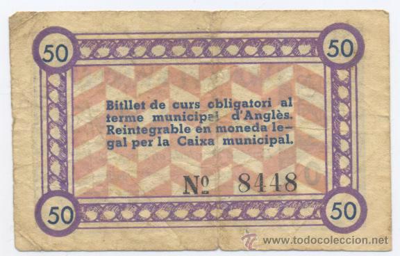 Billetes locales: D&acute;ANGLES- GERONA- 50 CENTIMOS-22-06-1937 - Foto 2