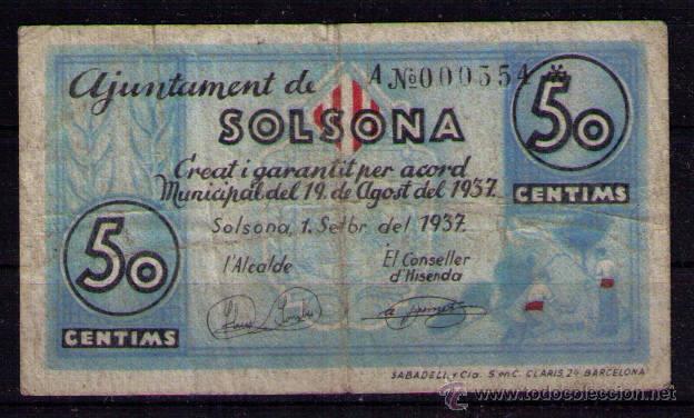 Billetes locales: BILLETE DEL PUEBLO DE SOLSONA DE 50 CENTIMOS - Foto 1
