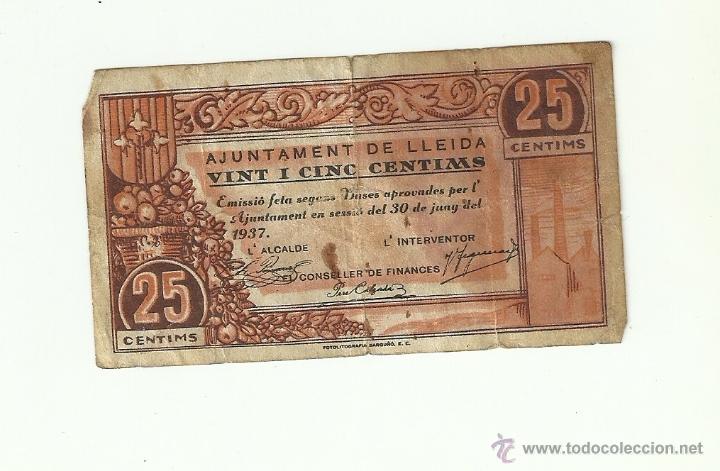Billetes locales: 25 cts. 1937 lleida - Foto 1