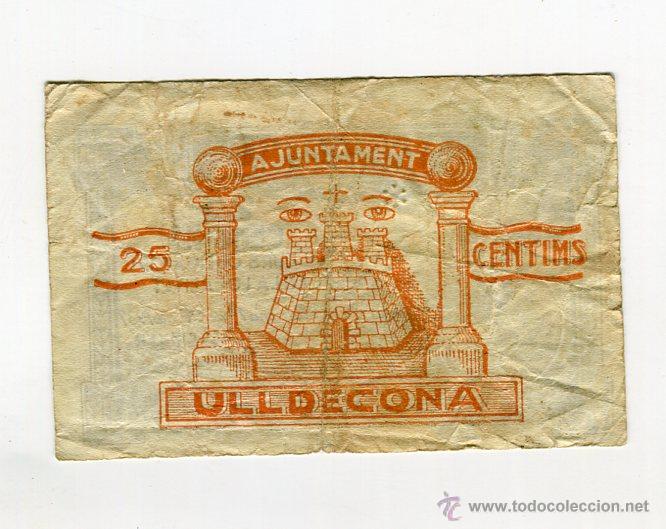 Billetes locales: ULLDECONA AJUNTAMENT 25 CENTIMS A&Ntilde;O 1937 - Foto 2