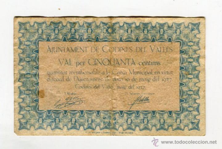 Billetes locales: CODINES DEL VALLES CINQUANTA (50) CENTIMS MAIG DE LANY 1937 - Foto 2