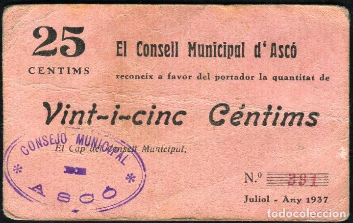 Billetes locales: 25 Centimos - ASC&Oacute; (Tarragona) - EBC  RARO - Foto 1