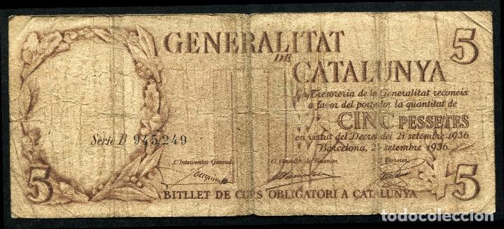 Billetes locales: 5 Pesetas GENERALIDAD (Generalitat) de CATALU&Ntilde;A - 1936 - Foto 1