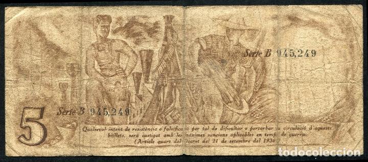 Billetes locales: 5 Pesetas GENERALIDAD (Generalitat) de CATALU&Ntilde;A - 1936 - Foto 2