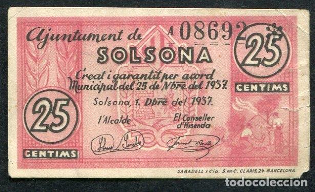 Billetes locales: SOLSONA (Lerida - Lleida) 25 Centimos 1937 - Foto 1