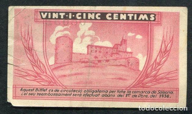 Billetes locales: SOLSONA (Lerida - Lleida) 25 Centimos 1937 - Foto 2