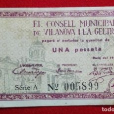 Billetes locales: 1 PESETA DEL CONSELL MUNICIPAL DE VILANOVA I LA GELTRU - 1937 - SERIE A
