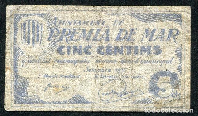 Billetes locales: PREMIA DE MAR (Barcelona) - 5 Centimos 1937 - Foto 1