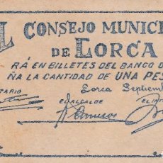 Billetes locales: EL CONSEJO MUNICIPAL DE LORCA-1 PESETA-1937. Lote 98998259