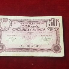 Billetes locales: BILLETES DE GUERRA CIVIL MAELLA ZARAGOZA 50 CENTIMOS 1937. Lote 124549014