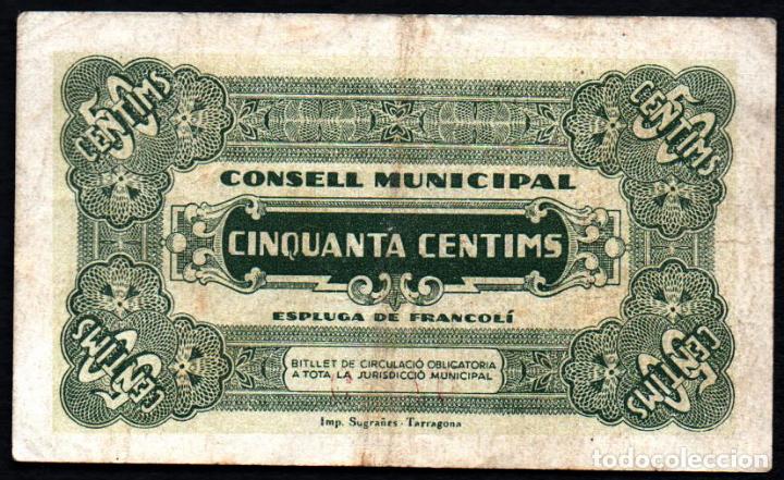 Billetes locales: ESPLUGA DE FRANCOLI 50 Centimos 1937 - EBC - Foto 2