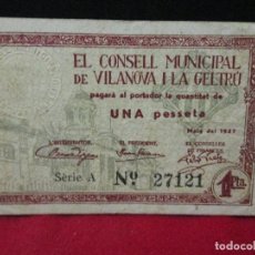 Billetes locales: 1 PESETA EL CONSELL MUNICIPAL DE VILANOVA I LA GELTRU 1937. Lote 129453879