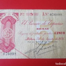 Billetes locales: BANCO DE ESPAÑA. BILBAO. BILLETE DE 5 PESETAS 1936. Lote 140847098