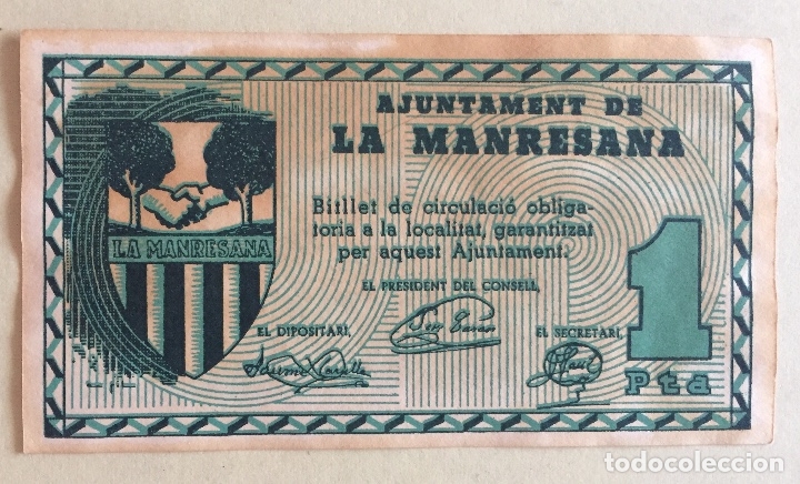 Banconote locali: BILLETE-  AJUNTAMENT  LA MANRESANA- BARCELONA-   1 PESETA-  GUERRA CIVIL-