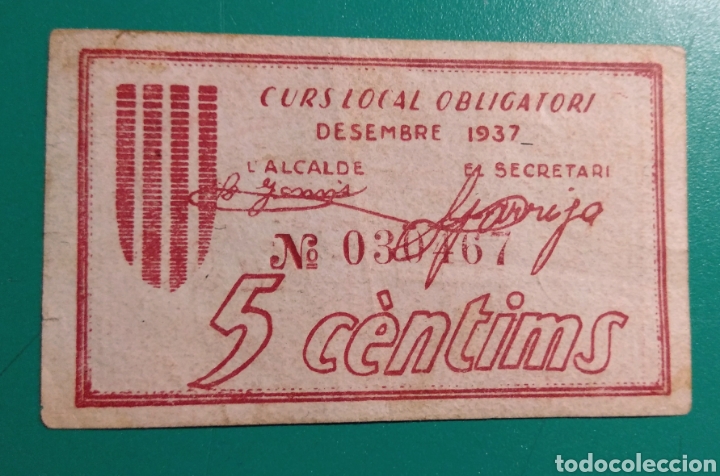 Billetes locales: Espa&ntilde;a. 5 c&egrave;ntims 1937. Vilassar de dalt. - Foto 1