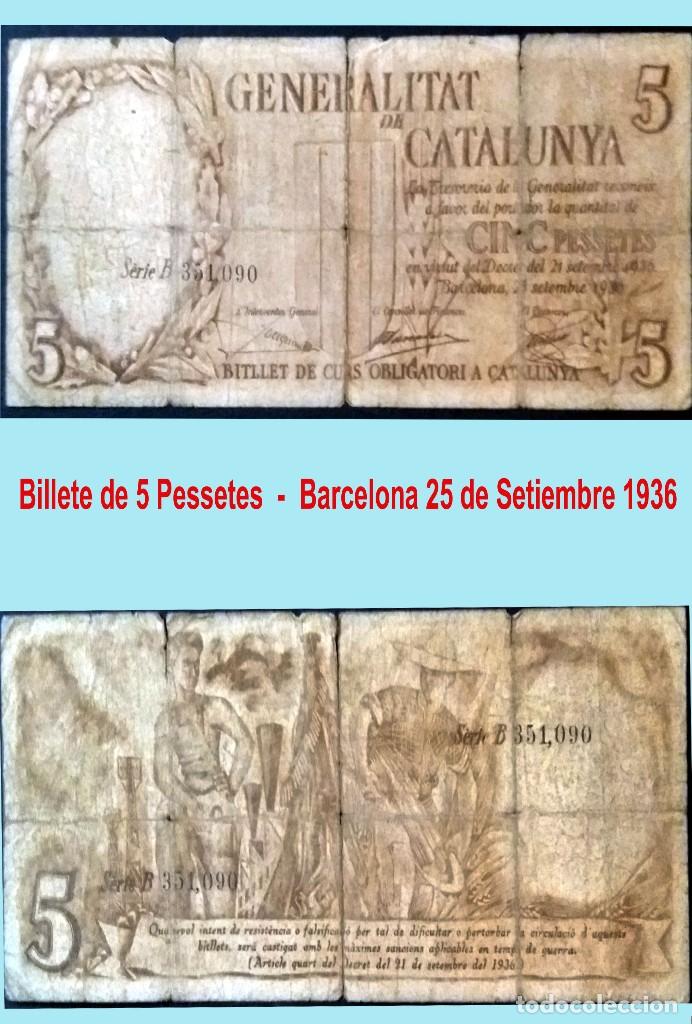 GENERALITAT DE CATALUÑA - BARCELONA 5 PESSETES 25 DE SETIEMBRE DE 1936.SERIE B. CONSERVACION BC-RARO (Numismática - Notafilia - Billetes Locales)