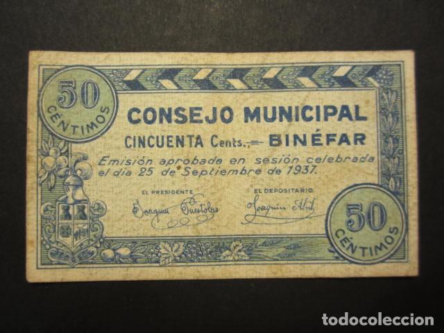Billetes locales: 50 C&Eacute;NTIMOS DE BINEFAR DE 1937 - Foto 1