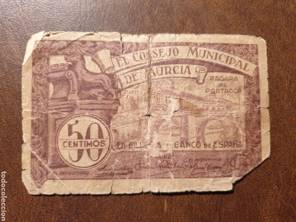 Billets locaux: Billete local. Guerra civil. Rep&uacute;blica. Murcia 50 centimos 1937. Serie H-738 (roturas, reparaci&oacute;n de