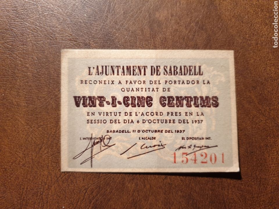 Billets locaux: Billete local. Guerra civil. Rep&uacute;blica. Ayuntamiento Sabadell 25 centimos 1937. num-201 (ver foto) E