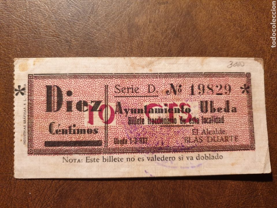 Banconote locali: Billete local. Guerra civil. Ayuntamiento de Ubeda 1937. num-829 (ver foto)
