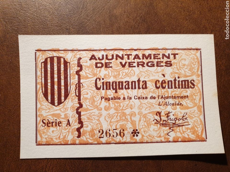Notas locais: Billete local. Guerra civil. Rep&uacute;blica. Ayuntamiento Verges 50 centimos 1937. num-656 (ver foto) SC