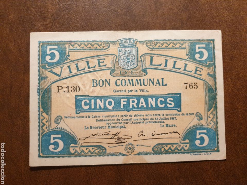Notas locais: BILLET de NECESSITE 5 Francs LILLE. Bon Communal 1917