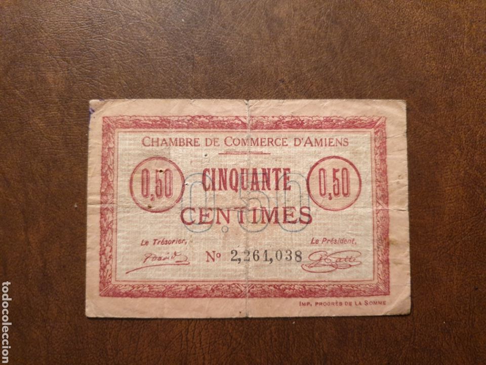 Notas locais: Billet de n&eacute;cessit&eacute; : 50 centimes Chambre de commerce d' AMIENS 1915