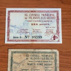 Billetes locales: 25 CENTIMOS Y 1 PESETA CONSELL MUNICIPAL VILANOVA I LA GELTRU 1937. Lote 185983157