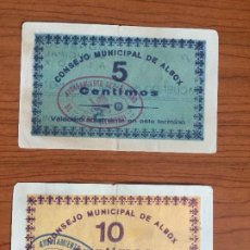 Billetes locales: 5 CENTIMOS Y 10 CENTIMOS DE ALBOX (ALMERIA) 15 DE JUNIO 1937 SELLO AYUNTAMIENTO REPUBLICANO. Lote 185983351