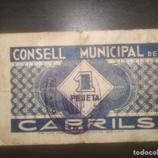 Billetes locales: CONSELL MUNICIPAL DE CABRILS UNA PTS.. . GUERRA CIVIL