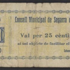 Billetes locales: J.B. BILLETE DE SEGARRA DE GAIÀ , 25 CENTIMOS , (HOY SANTA COLOMA DE QUERALT). Lote 205240096