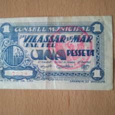 Billetes locales: BILLETE UNA PESETA VILASSAR DE MAR. MARESME. BARCELONA. 1 PESSETA. CONSELL MUNICIPAL. GUERRA CIVIL